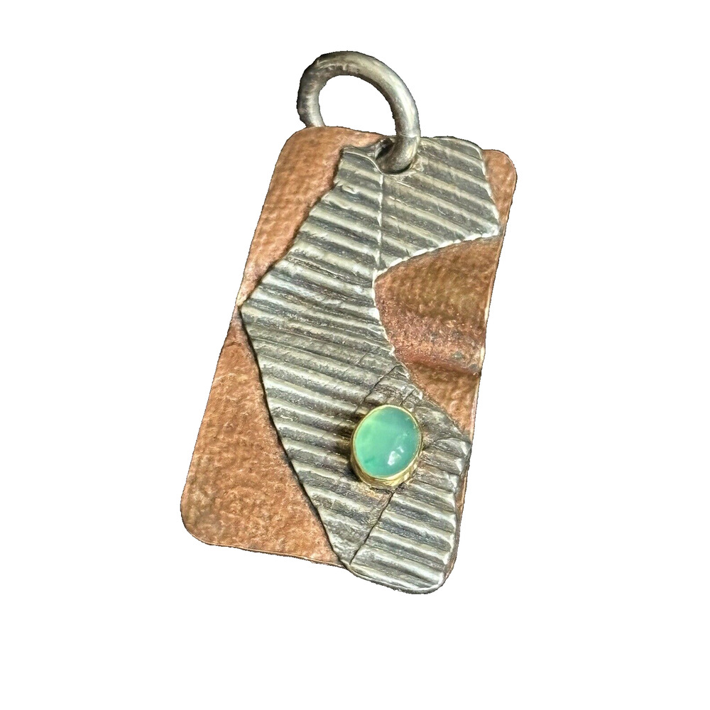 Artisan Multi Metal Pendant Sterling Copper Gold & Green Gemstone Signed 1 1/4"